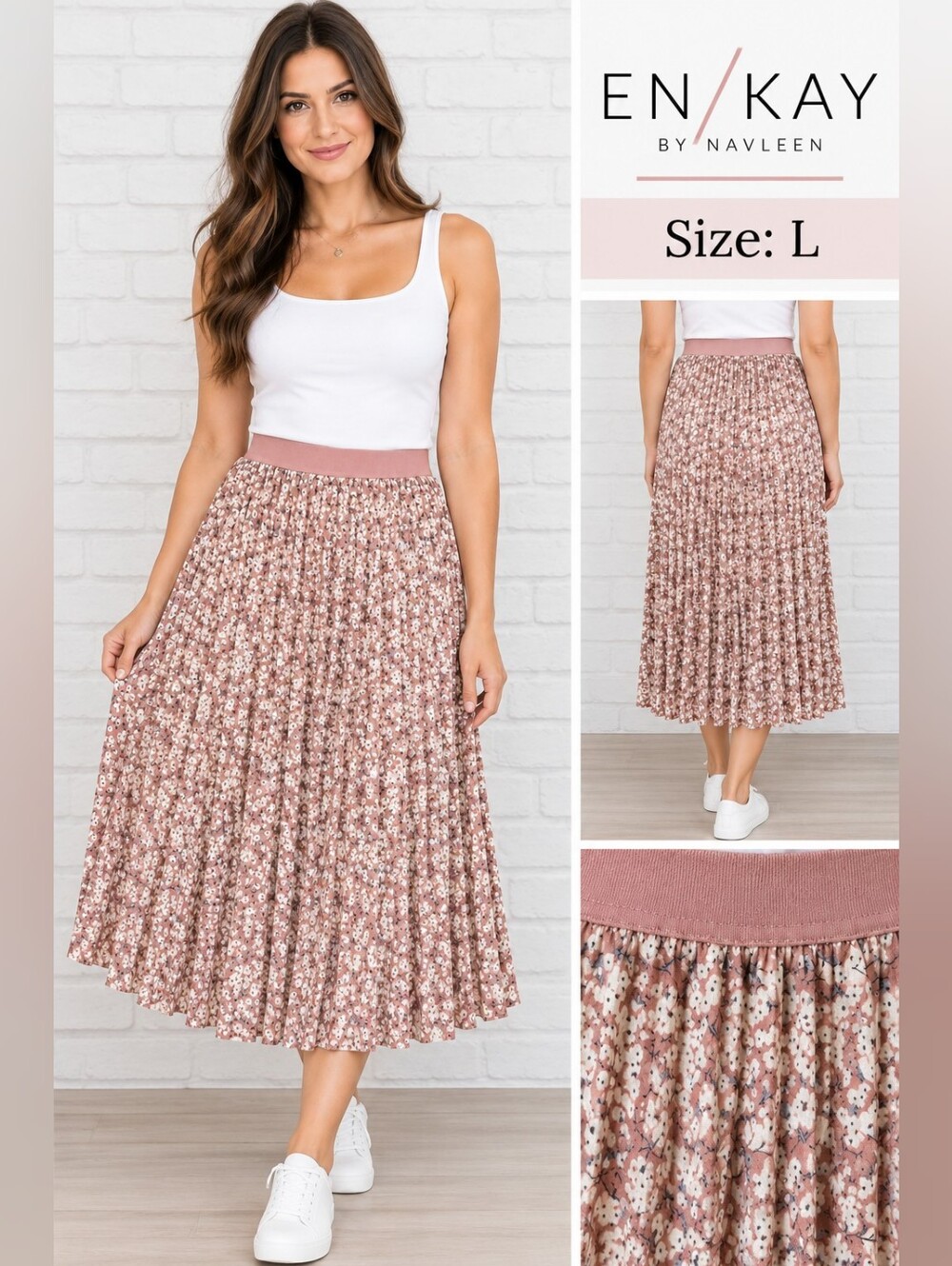 Navleen Floral Pleated Midi Skirt Pink Boho Size L NWT